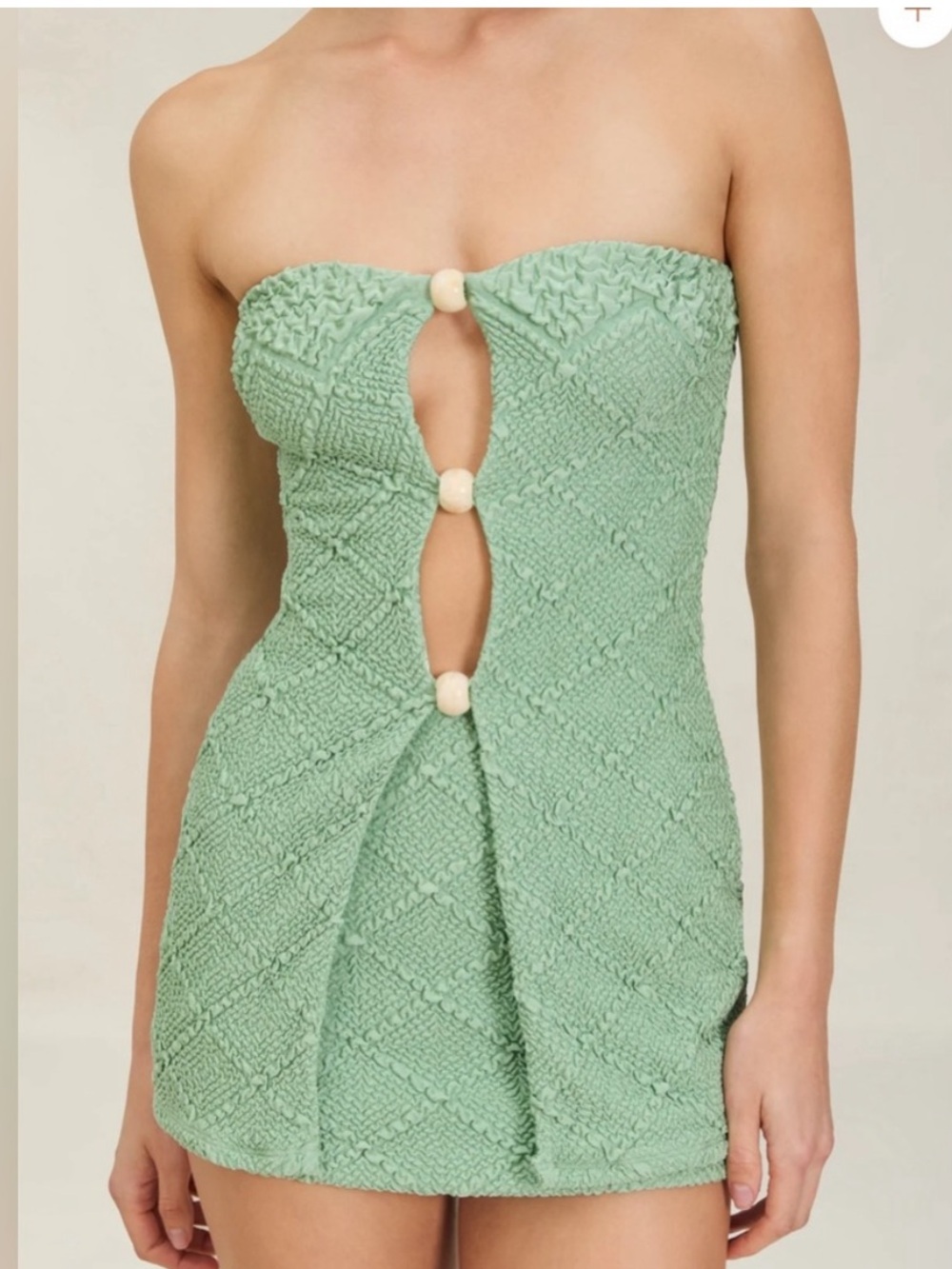 DEVON WINDSOR Strapless Mint Green Textured Mini Dress with Cream Buttons